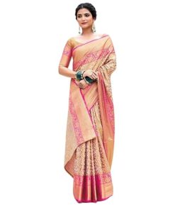 Women's Pure Kanchipuram Kanjivaram Silk Saree For Women With Zari And Smooth Thread Weaving All Over Saree Attach With Unstitch Blouse Piece