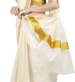 Women's Kerala Kasavu Golden Tissue Plain Saree  | Saree length: 6.25 Meters |