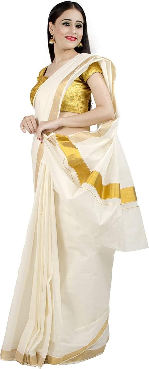 Women's Kerala Kasavu Golden Tissue Plain Saree  | Saree length: 6.25 Meters |