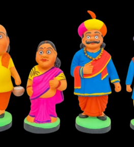 Indian Pure Mitti Clay Dolls Set of 4 | Golu Dolls | Maharashtrian Traditional Couple & Sons/Friends | Home Temple Decor, Navratri Golu Bommai, Showpiece